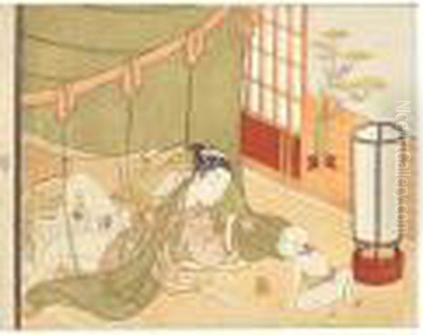 A Child Crawling Beside An Andon Oil Painting by Suzuki Harunobu