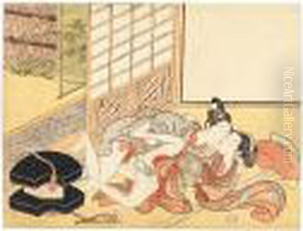 An Ogiuri (fan Vendor) Making Love To A Young Girl In Front Of A Shoji
Screen Oil Painting by Suzuki Harunobu