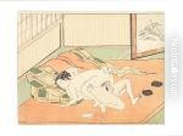 A Naked Couple Making
Love Beside A Folded Mattress Oil Painting by Suzuki Harunobu