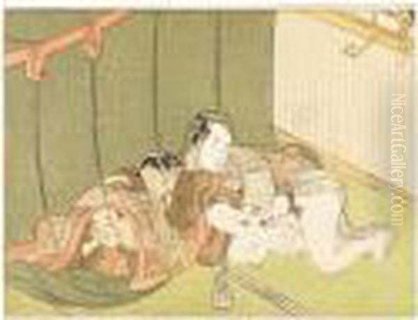 A Couple Making Love
Beneath A Mosquito Net Whilst The Woman's Husband Covers His Ears
From The Noise Of The Thunder Outside Oil Painting by Suzuki Harunobu