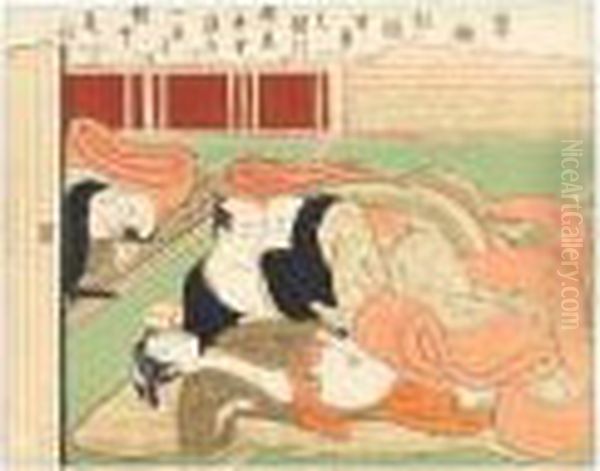 Two Samurai Retainers Sneaking Into A Young Woman's Futon Oil Painting by Suzuki Harunobu