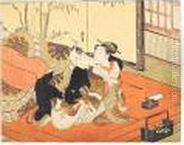 A Man Attempting To Undo A Shinzo's Kimono Oil Painting by Suzuki Harunobu