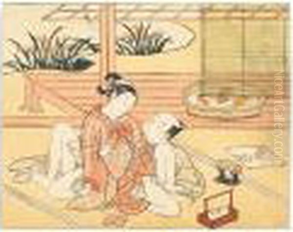 A Couple Enjoying Love Oil Painting by Suzuki Harunobu