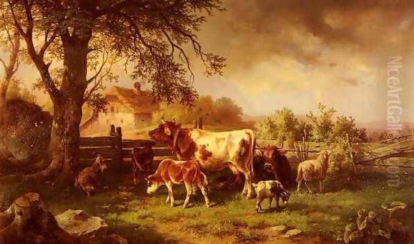 Farmyard Scene Oil Painting by Edmund Mahlknecht