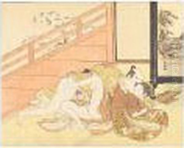 A Couple Making Love In
An Interior Opening To A Verandah, The Young Girl Trying To Thwart
The Advances Of The Man Seducing Her Oil Painting by Suzuki Harunobu