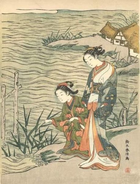 Deux Jeunes Femmes Cueillant Des Roseaux Pres D'une Riviere. Oil Painting by Suzuki Harunobu