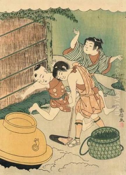 Trois Enfants Jouant Devant Un Panier. Oil Painting by Suzuki Harunobu