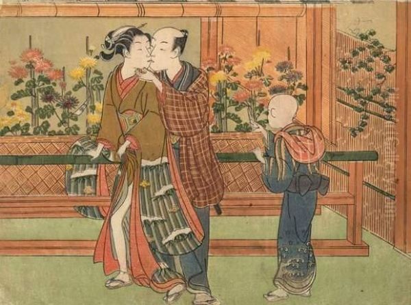 Couple Debout Devant Un Jardin De Chrysanthemes S'embrassant Accompagne Par Un Serviteur Oil Painting by Suzuki Harunobu