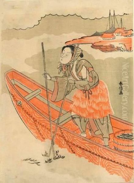 Le Pecheur De Goemon Dirige Sa Barque Vers Un Village. Oil Painting by Suzuki Harunobu