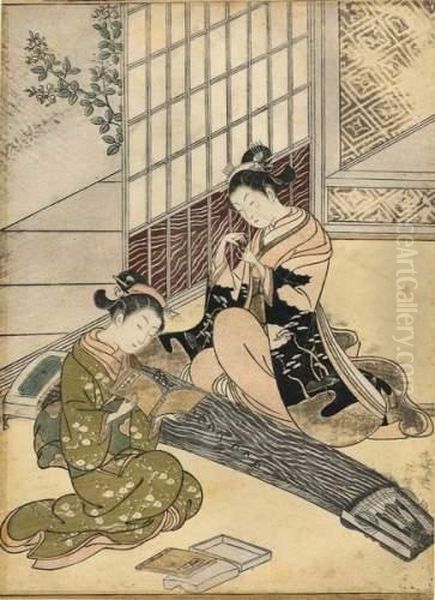 Jeune Femme Agenouillee Devant Son Koto Et Ajustant Ses Onglets D'ivoire Oil Painting by Suzuki Harunobu