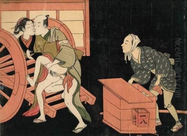 Marchand De Nouilles Surprenant Dans La Nuit Un Couple Enlace Contre Un Chariot Oil Painting by Suzuki Harunobu