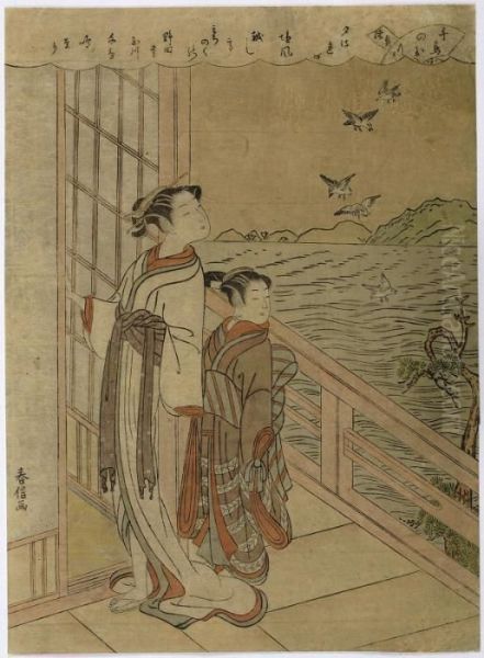 Two Ladies Watching Birds By Tama River At Mutsu Oil Painting by Suzuki Harunobu