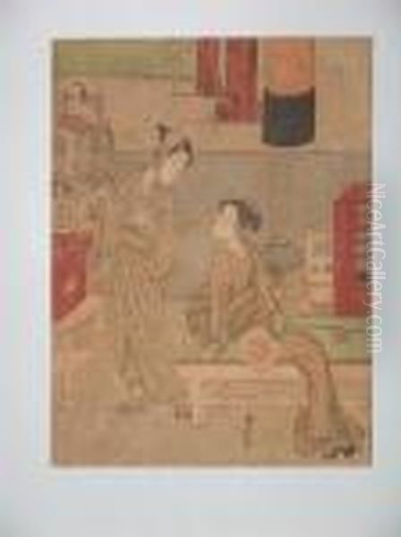 Une Jeune Femme Et Un Marchand Ambulant D'eventails Oil Painting by Suzuki Harunobu