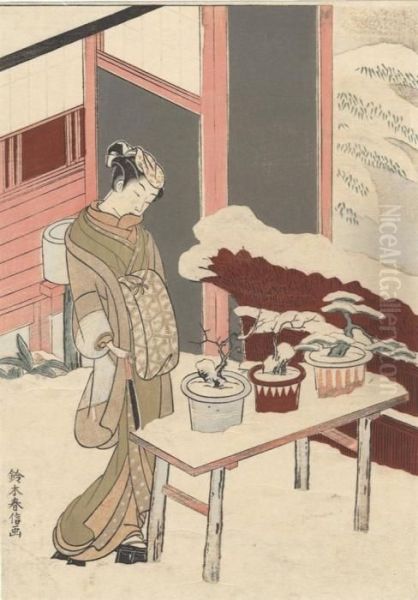 A Courtesan About To Trim Some Snow-covered Bonsai Trees Oil Painting by Suzuki Harunobu