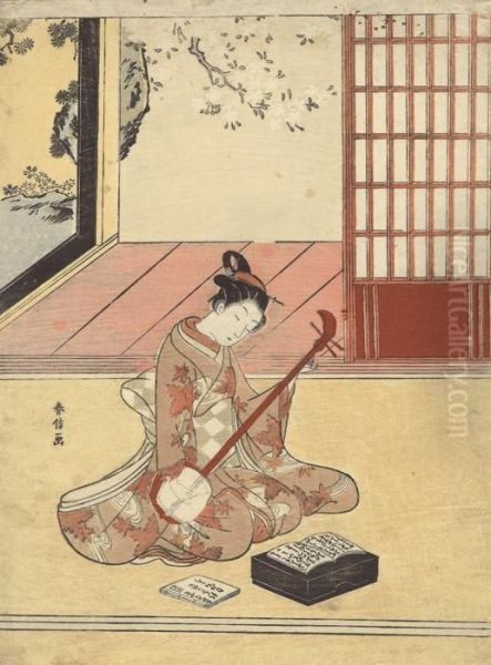 A Woman Playing A Shamisen Oil Painting by Suzuki Harunobu