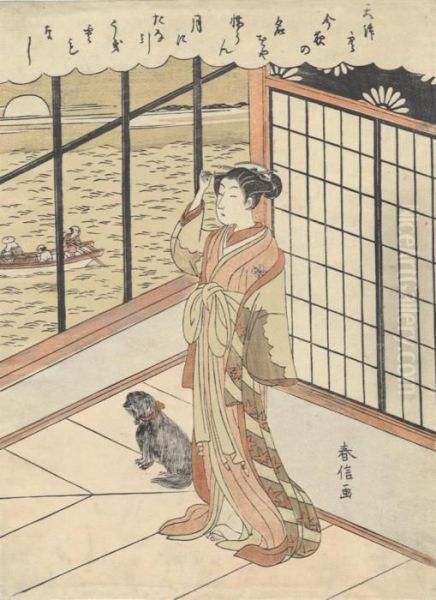 A Courtesan Looks Out Of A Window At A Passing Boat Oil Painting by Suzuki Harunobu