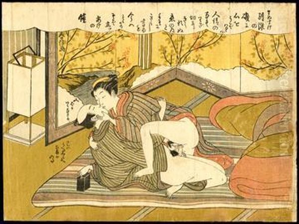 Spring Embrace Oil Painting by Suzuki Harunobu