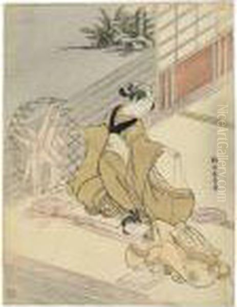 A Beauty Spinning Thread While Her Maid Prepares The Flax Oil Painting by Suzuki Harunobu