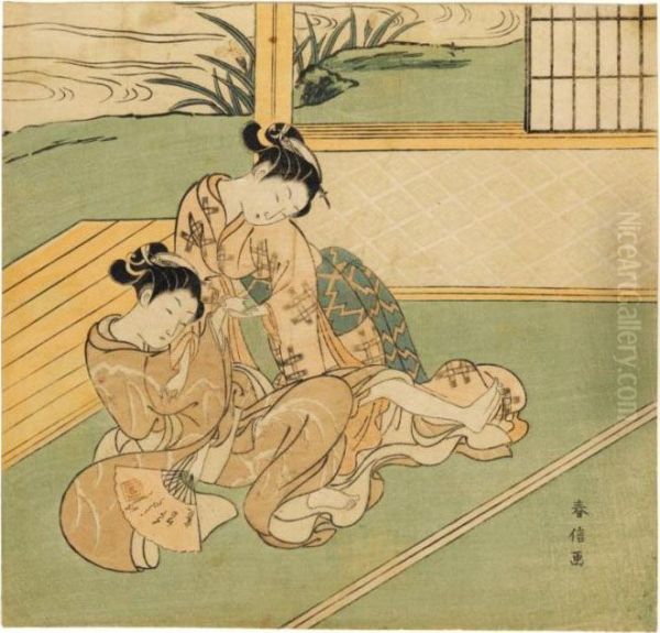 Deux Jeunnes Femmes Assises Sur Un Tatami Oil Painting by Suzuki Harunobu