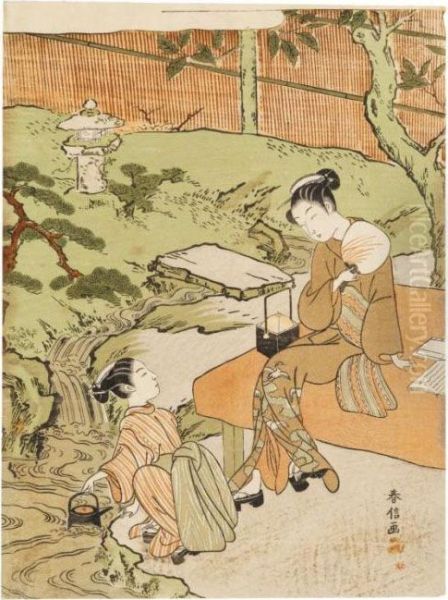 Deux Jeunes Femmes Assises Dans Un Jardin Pres D'un Coursd'eau Oil Painting by Suzuki Harunobu