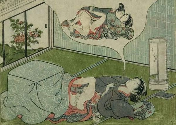 Liegendes Madchen, Vom Liebesakt Traumend, Rechts Eine Lampe. Oil Painting by Suzuki Harunobu