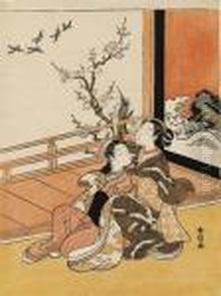 Two 
Bijin
 Looking At Birds From A Veranda, Signed 
Harunobu Ga
, Good Impression, Slight Fading And Light Creasing Oil Painting by Suzuki Harunobu