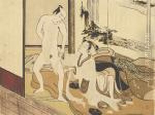 A Courtesan Assisting A Man With
 His Loin Cloth, Unsigned, Fine Impression, Gauffrage, Good Colour And 
Condition, Slight Wear To Right-hand Edge Oil Painting by Suzuki Harunobu