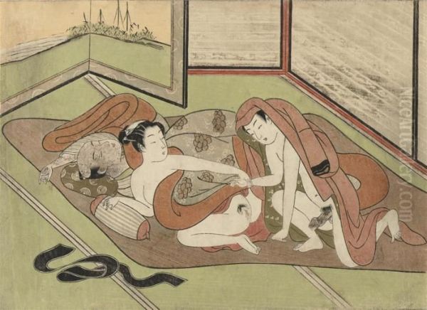 Circa 1768
 A 
Chuban
 Print Showing A Young Man, Being Invited By A Woman, An Older Lover 
Sleeps Under The Blankets, Very Good Impression, Good Colour And 
Condition, Slightly Faded, Some Minor Creases, A Restoration In The Top 
Left Corner Oil Painting by Suzuki Harunobu