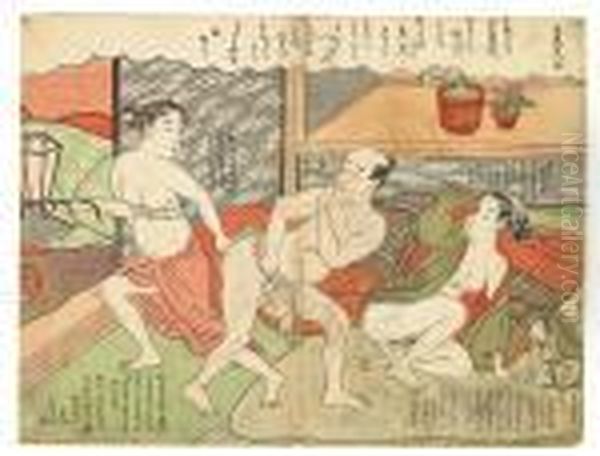 Chuban, Yoko-e. Shunga. Oil Painting by Suzuki Harunobu