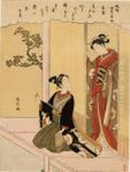 From The Series Fuzoku Shiki 
Kasen [popular Poets Of The Four Seasons], Standing Within The Open 
Shoji Of A House, A Girl Looks Down On Her Young Lover Who Is Kneeling 
On The Engawa Oil Painting by Suzuki Harunobu