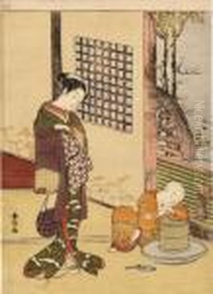 A Young Girl Looks Down Fondly On A Oil Painting by Suzuki Harunobu