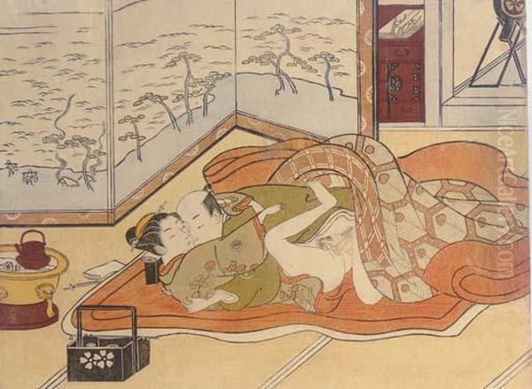 Five Erotic Prints: A Couple 
Making Love In An Interior Before Ascreen Depicting Trees At Water's 
Edge Oil Painting by Suzuki Harunobu