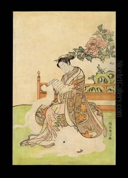 Woman Seated On A White Elephant Oil Painting by Suzuki Harunobu