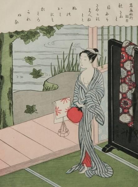 Girl By Veranda Oil Painting by Suzuki Harunobu