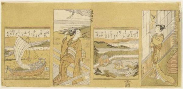 Two Views Of Omi Hakkei And Another Oil Painting by Suzuki Harunobu