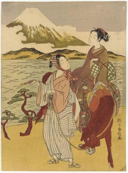 A Parody Of Ariwara No Narihira, 'the Eastern Journey' From Isemonogatari Oil Painting by Suzuki Harunobu