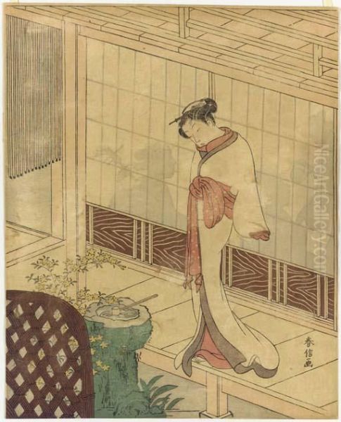 A Beauty On A Veranda Oil Painting by Suzuki Harunobu