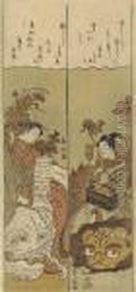 A Parody Of Monju Bosatsu And Fugen Bosatsu Oil Painting by Suzuki Harunobu