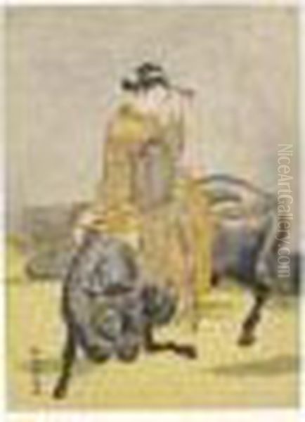 Courtisane A Califourchon Sur Un Boeuf Oil Painting by Suzuki Harunobu