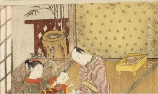 Shunga : Couple Sous Le Regard D'un Enfant Voyeur Oil Painting by Suzuki Harunobu