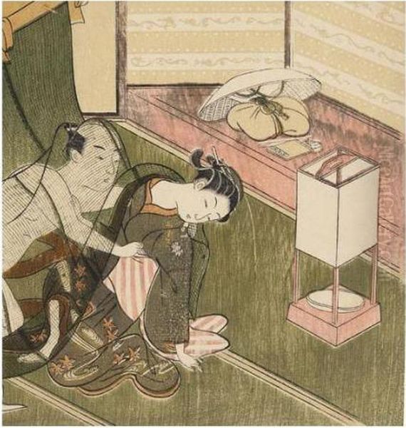 Shunga : Scene De Seduction Dans Une Auberge Oil Painting by Suzuki Harunobu