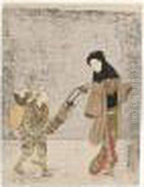 Une Femme Suivie D'un Garconnet Oil Painting by Suzuki Harunobu