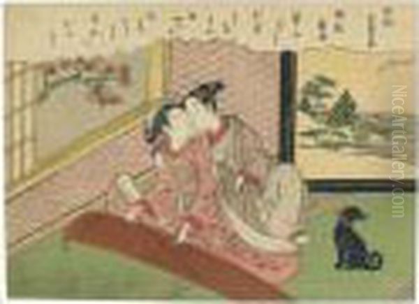 Kinchu (koto-bashira) No Rakugan : La Descente Des Oies Vers Les Ponts De Koto Oil Painting by Suzuki Harunobu