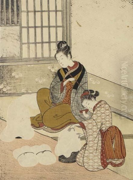 A Beauty Seated Holding A Tobacco-pipe Oil Painting by Suzuki Harunobu