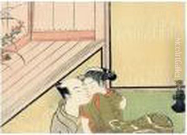 Shunga: La Caresse Oil Painting by Suzuki Harunobu