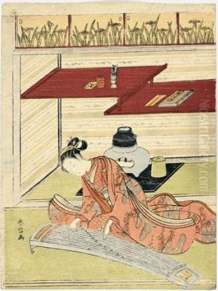 La Joueuse De Koto Oil Painting by Suzuki Harunobu