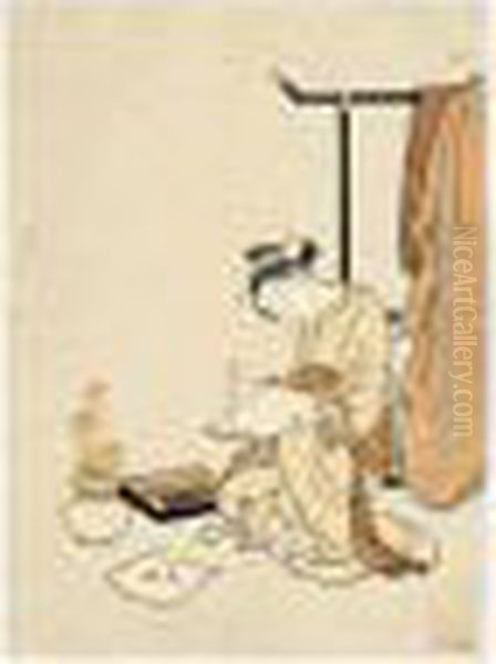 Jeune Femme Ecrivant Un Poeme Oil Painting by Suzuki Harunobu