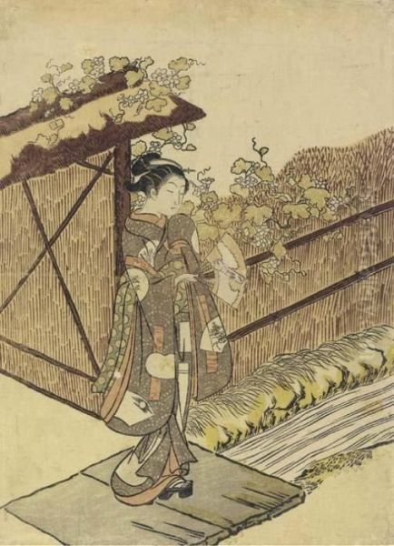 The Left Sheet Of A Diptych Parodying The Yugao Scene From The Tale Of Genji Oil Painting by Suzuki Harunobu