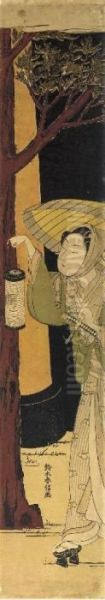 A Young Girl Visiting A Shrine At Night Holding An Umbrella And An Odawara Lantern Oil Painting by Suzuki Harunobu