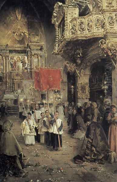 Procession at the End of Mass Oil Painting by Arcadio Mas Y Fondevila